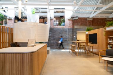 Office entrance reception - natural timbers, and old brick
